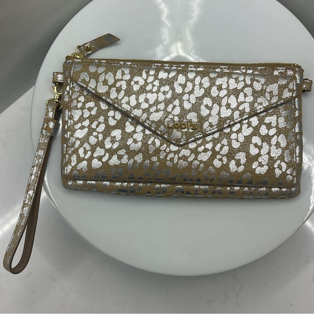 Lodis Leather Suede Animal Print Tan Silver Wallet Wristlet With Gold Hardware